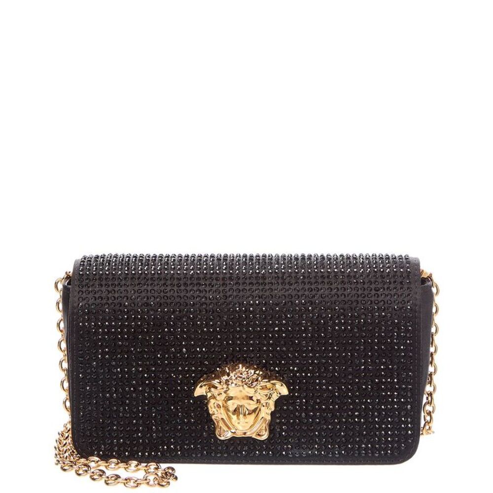 Versace Embellished Mini Satin Wallet On Chain, Black